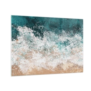 Impression sur verre - Image sur verre - Vague de mer abstraite dans des tons de turquoise, blanc et beige sable - 70x50cm - Histoires de la mer - Décoration murale moderne pour le salon et la chambre ARTTOR