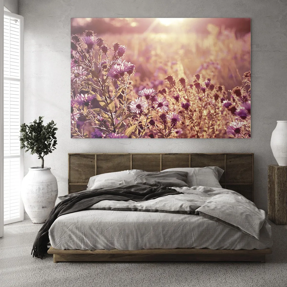 Impression sur verre - Image sur verre - Fleurs violettes dans la prairie à la lumière du soleil couchant - 70x50cm - Avant que l'été ne parte - Décoration murale moderne pour le salon et la chambre ARTTOR
