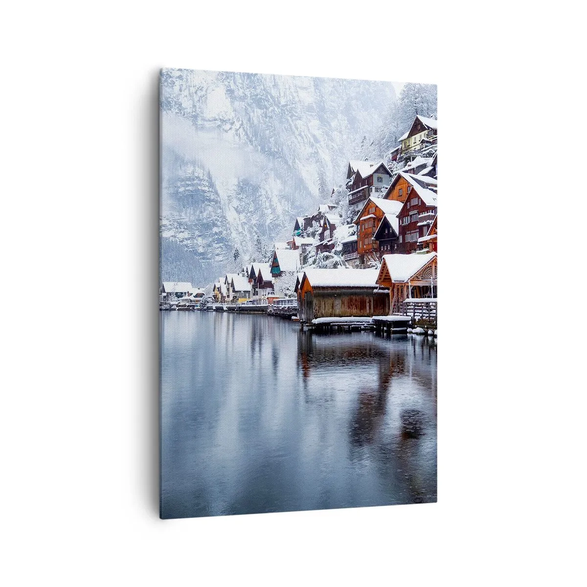 Impression sur toile - Image sur toile - Vue hivernale d'un village de montagne au bord du lac - 70x100cm - En décoration hivernale - Décoration murale moderne pour le salon et la chambre ARTTOR