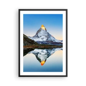 Affiche dans un cadre noir - Poster - Une montagne avec un sommet enneigé se reflétant dans un lac - 50x70cm - Deux mondes - Décoration murale moderne pour le salon et la chambre ARTTOR