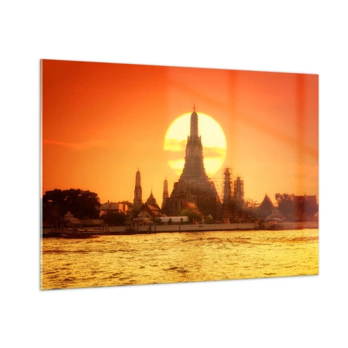 Impression sur verre - Image sur verre - Temple au coucher du soleil sur la rivière - 100x70cm - Vers le soleil, toujours vers le soleil - Décoration murale moderne pour le salon et la chambre ARTTOR
