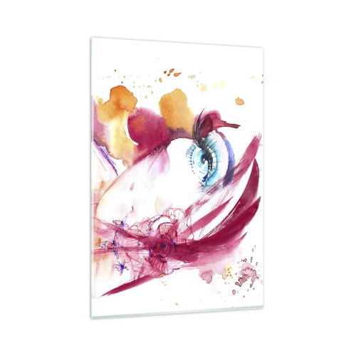 Impression sur verre - Image sur verre - Un visage abstrait avec des yeux expressifs et des accents rouges. - 80x120cm - Le monde prospère dans la proximité - Décoration murale moderne pour le salon et la chambre ARTTOR