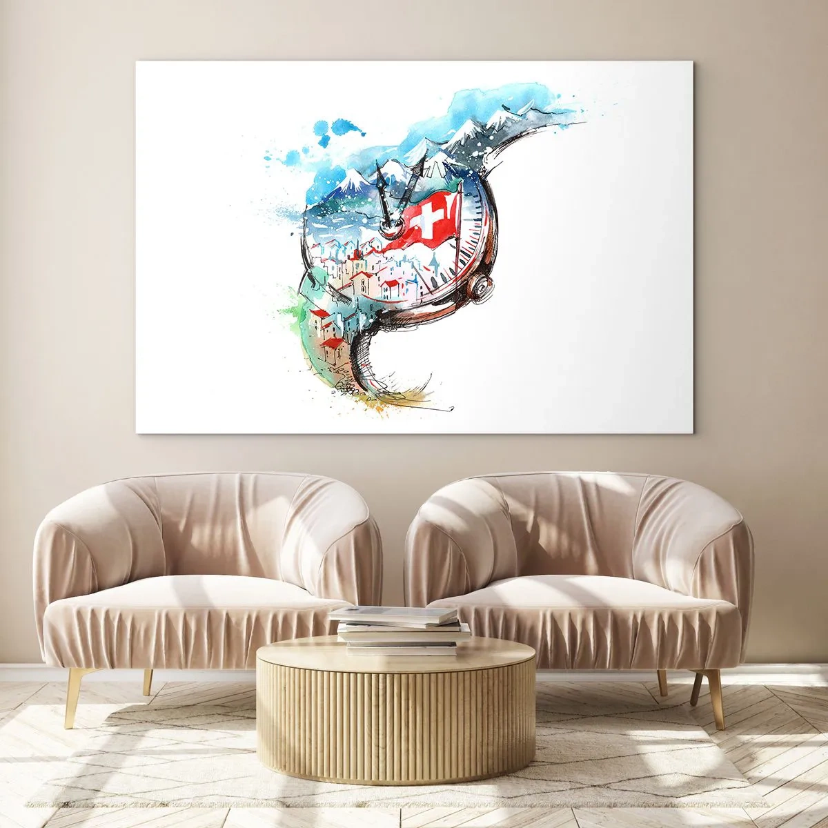 Impression sur verre - Image sur verre - Aquarelle représentant un paysage suisse avec un drapeau et une montre - 120x80cm - L'esprit de la Suisse - Décoration murale moderne pour le salon et la chambre ARTTOR