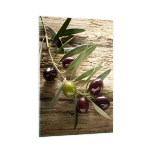 Impression sur verre - Image sur verre - Branche d'olivier avec des fruits sur un fond de bois vieilli - 80x120cm - Directement de la nature - Décoration murale moderne pour le salon et la chambre ARTTOR