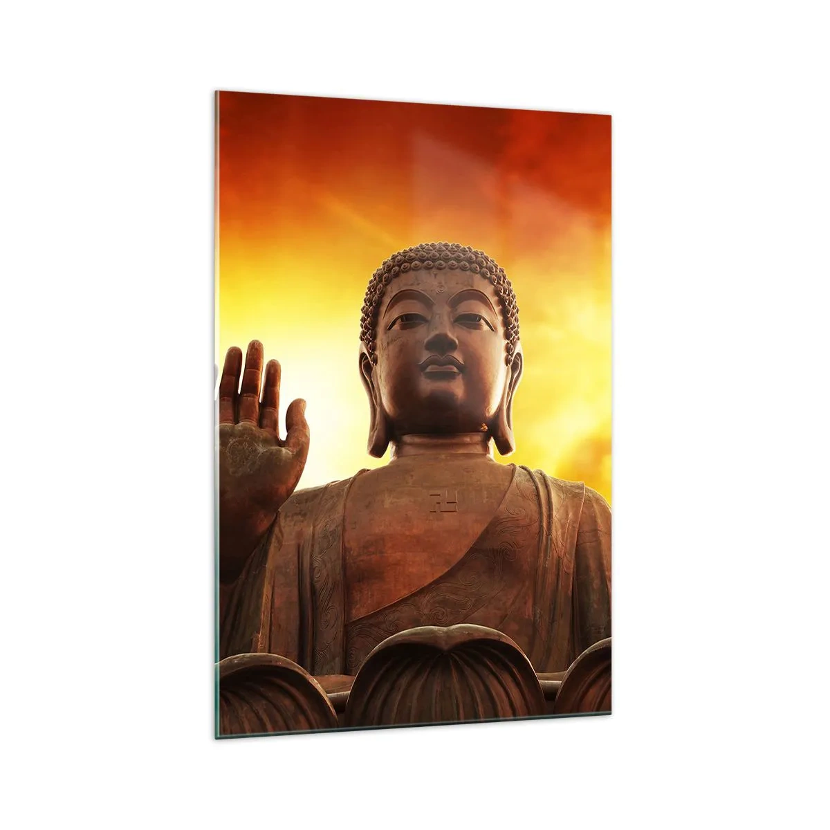 Impression sur verre - Image sur verre - Une statue de Bouddha contre un ciel de coucher de soleil doré - 70x100cm - La paix du monde - Décoration murale moderne pour le salon et la chambre ARTTOR