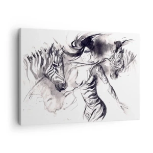 Impression sur toile - Image sur toile - Une femme dans une danse dynamique avec des zèbres dans une esthétique noir et blanc - 70x50cm - Danse avec les zèbres - Décoration murale moderne pour le salon et la chambre ARTTOR