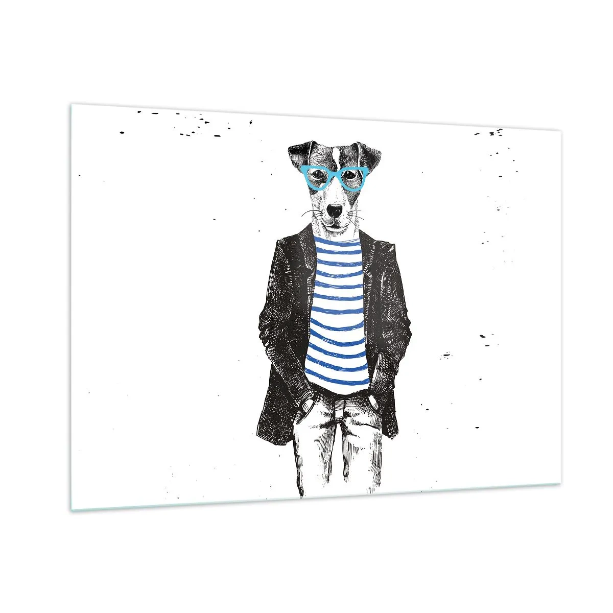 Impression sur verre - Image sur verre - Illustration d'un chien portant une chemise de marin et des lunettes sur fond blanc - 100x70cm - Un charme de chien - Décoration murale moderne pour le salon et la chambre ARTTOR