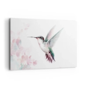 Impression sur toile - Image sur toile - Un colibri aux couleurs pastel délicates sur un fond de fleurs - 100x70cm - Immortalisé dans un battement - Décoration murale moderne pour le salon et la chambre ARTTOR