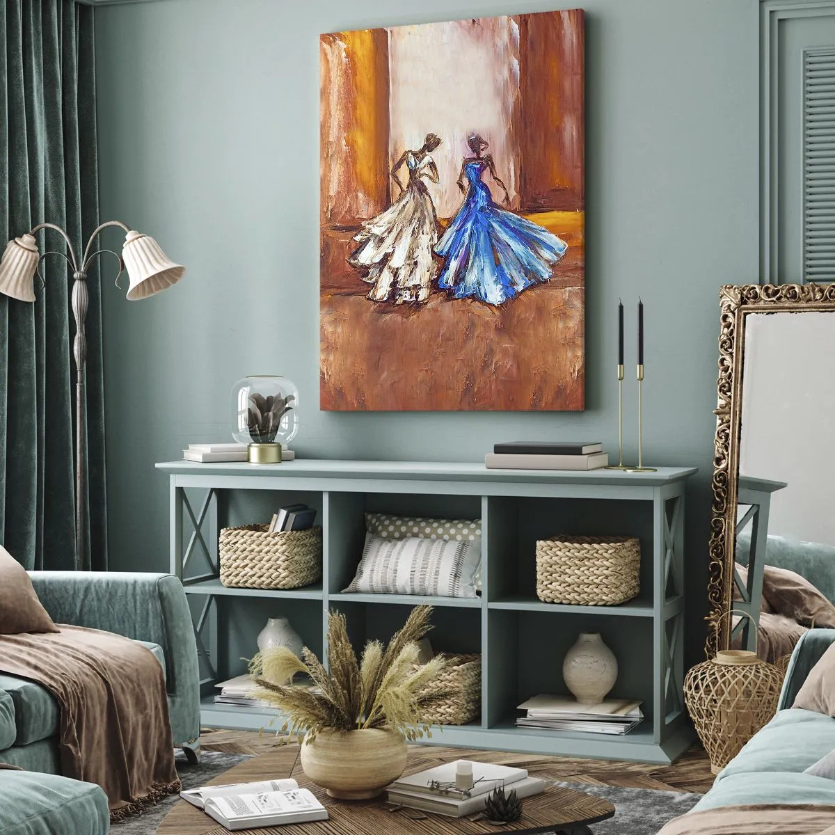 Impression sur toile - Image sur toile - Personnages en robes de soirée dans un style artistique - 50x70cm - Un duo reconnaissant - Décoration murale moderne pour le salon et la chambre ARTTOR
