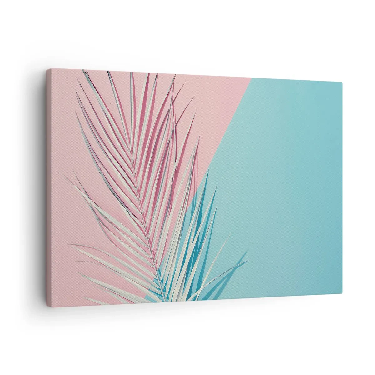 Impression sur toile - Image sur toile - Feuille tropicale sur un fond de tons pastel de rose et de bleu - 70x50cm - Impression tropicale - Décoration murale moderne pour le salon et la chambre ARTTOR