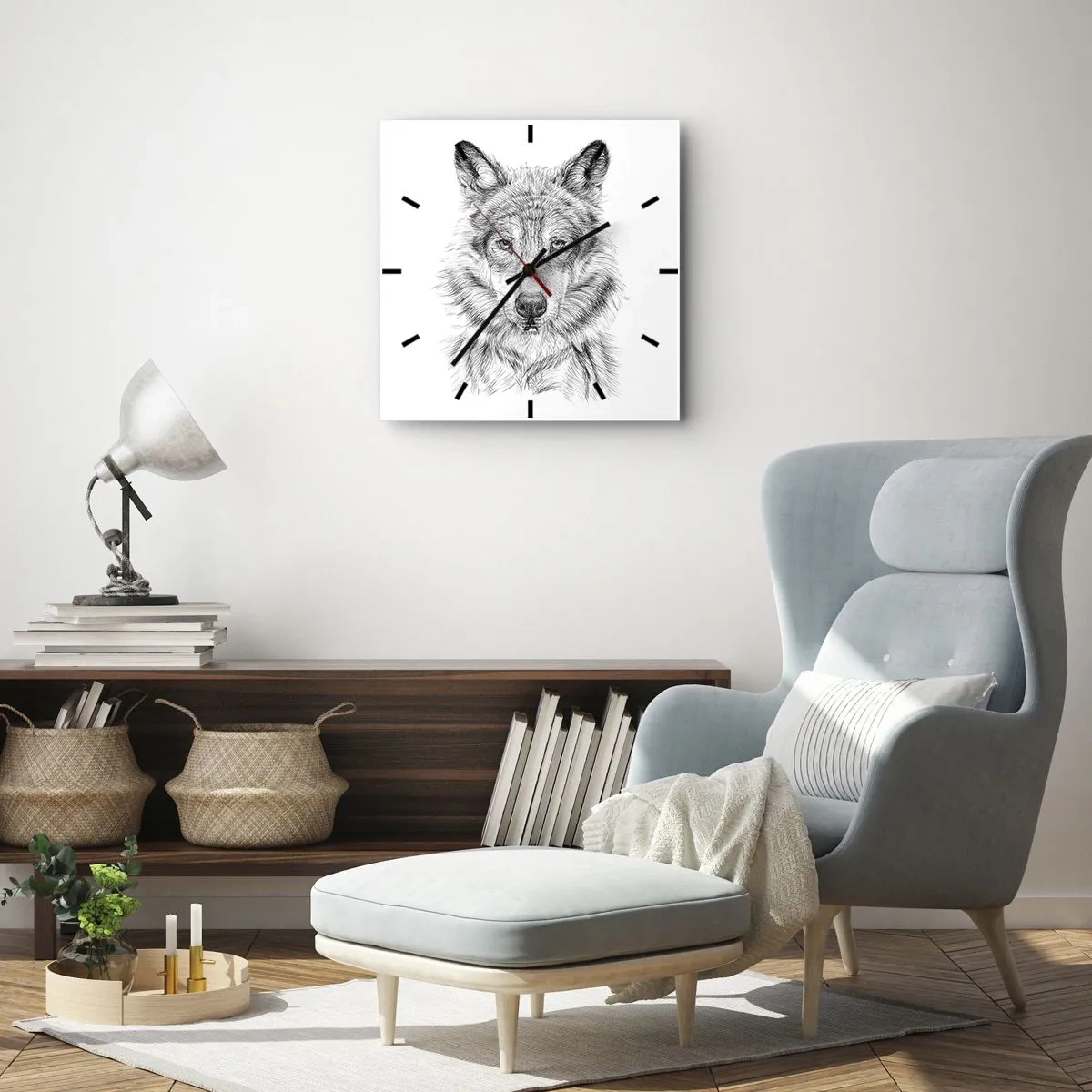 Horloge murale - Pendule murale - Croquis d'une tête de loup dans un style monochrome sur fond blanc - 30x30cm - Un leader né - Décoration murale moderne pour le salon et la chambre ARTTOR