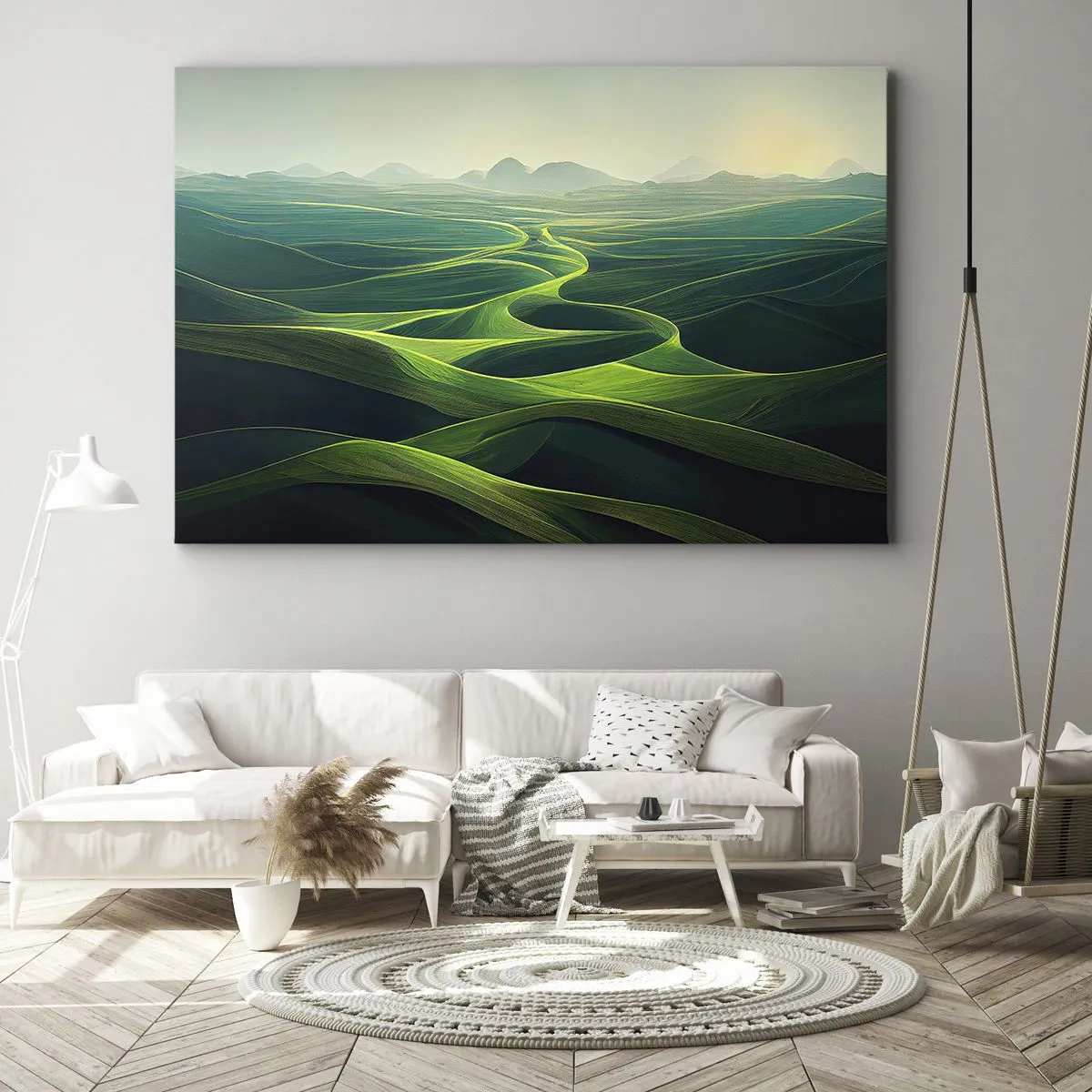 Impression sur toile - Image sur toile - Collines verdoyantes avec des sentiers vallonnés - 70x50cm - Dans les vallées verdoyantes - Décoration murale moderne pour le salon et la chambre ARTTOR