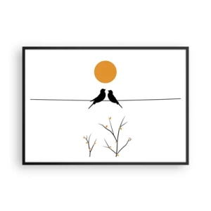 Affiche dans un cadre noir - Poster - Oiseaux sur une ligne avec un soleil jaune - 100x70cm - Soirée pour rossignols - Décoration murale moderne pour le salon et la chambre ARTTOR