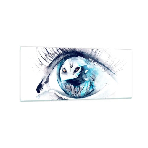 Impression sur verre - Image sur verre - Un œil avec une image d'un hibou dans des tons bleus à l'aquarelle - 120x50cm - Face à face avec la nature sauvage - Décoration murale moderne pour le salon et la chambre ARTTOR