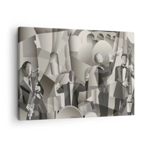 Impression sur toile - Image sur toile - Scène abstraite avec des musiciens de jazz dans des tons de gris. - 70x50cm - Dans l'espace des sons - Décoration murale moderne pour le salon et la chambre ARTTOR