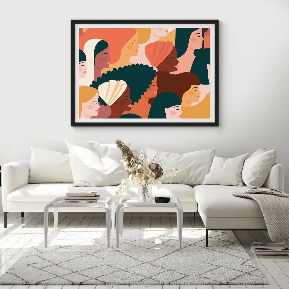 Affiche dans un cadre noir - Poster - Profils colorés de femmes aux styles variés - 70x50cm - Uniquement la féminité - Décoration murale moderne pour le salon et la chambre ARTTOR