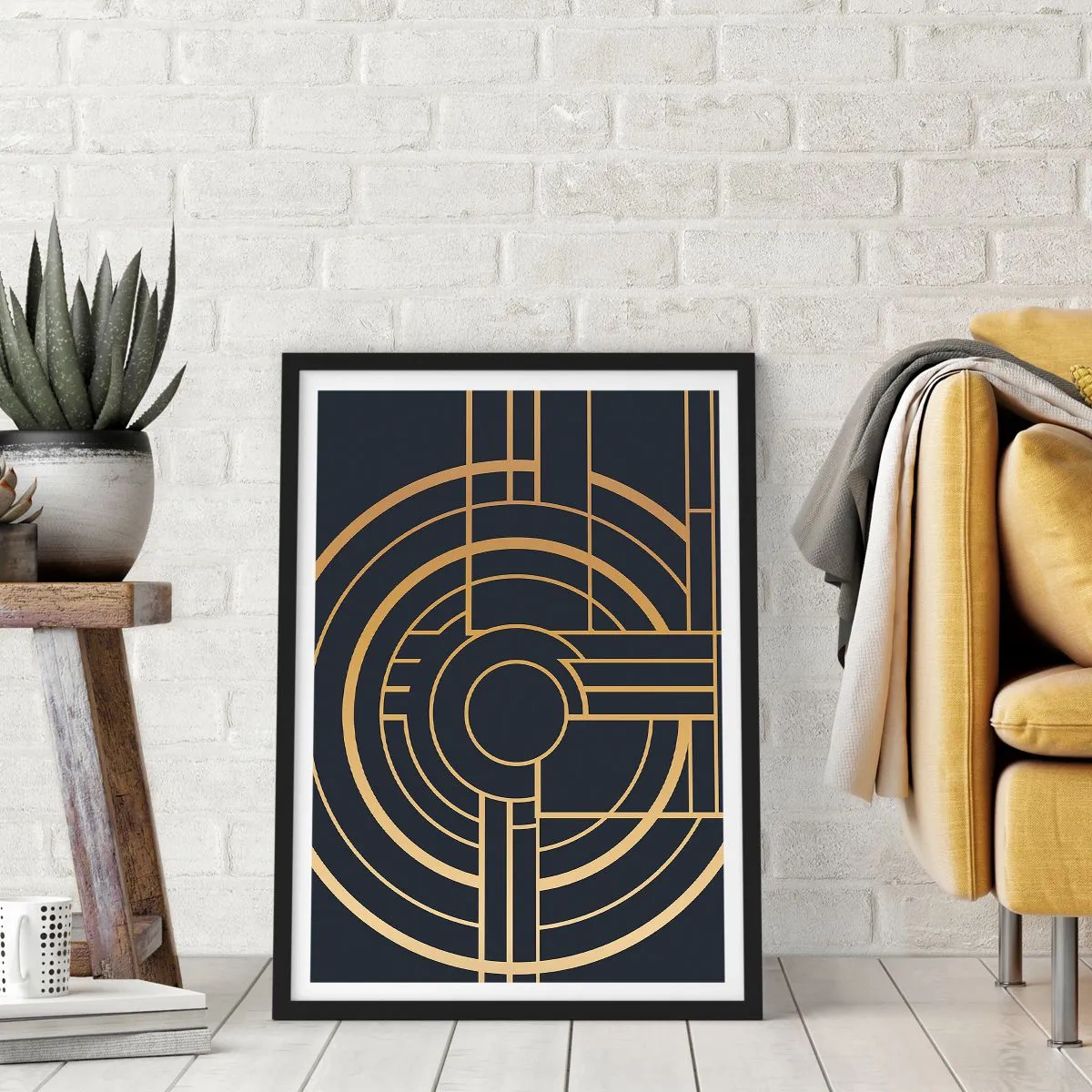 Affiche dans un cadre noir - Poster - Motif géométrique Art déco avec des éléments dorés sur fond sombre - 50x70cm - Rotation des éléments - Décoration murale moderne pour le salon et la chambre ARTTOR