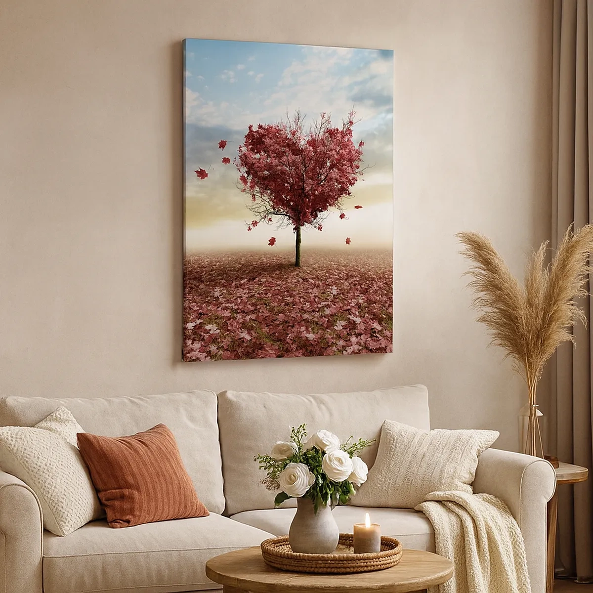 Impression sur toile - Image sur toile - Un arbre solitaire en forme de cœur dans un champ de feuilles rouges - 50x70cm - Vous allez aussi aimer l'automne - Décoration murale moderne pour le salon et la chambre ARTTOR