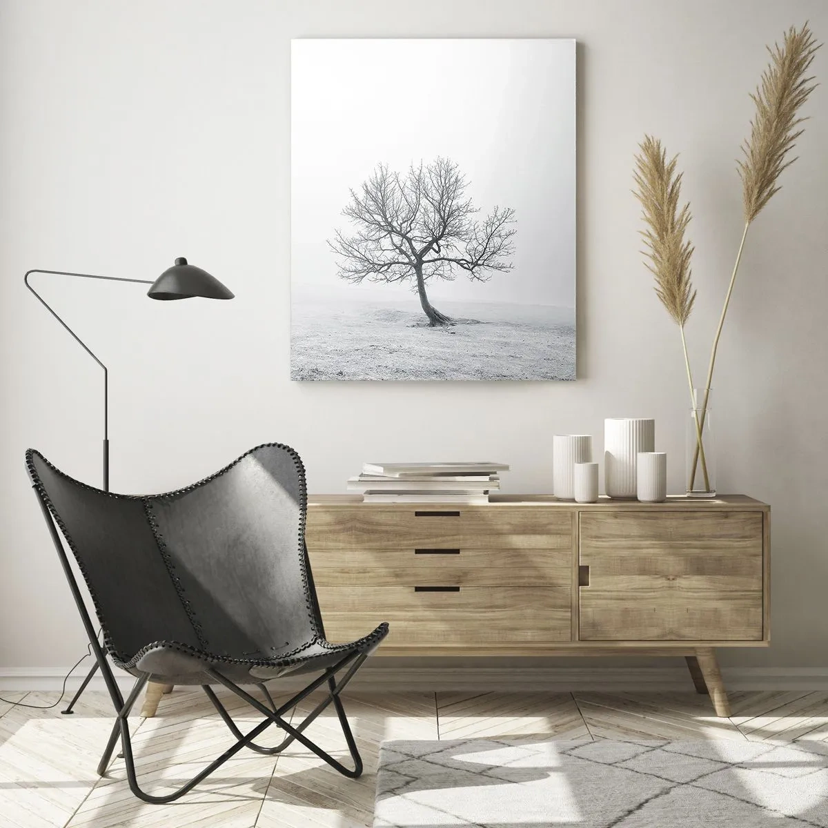 Impression sur verre - Image sur verre - Un arbre solitaire contre le brouillard dans une composition monochrome - 50x70cm - Contre le néant - Décoration murale moderne pour le salon et la chambre ARTTOR