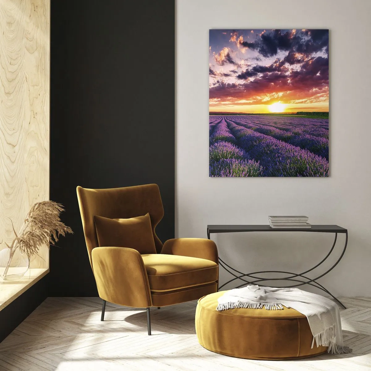 Impression sur verre - Image sur verre - Un champ de lavande au coucher du soleil avec un ciel coloré et des nuages - 50x70cm - Monde de lavande - Décoration murale moderne pour le salon et la chambre ARTTOR