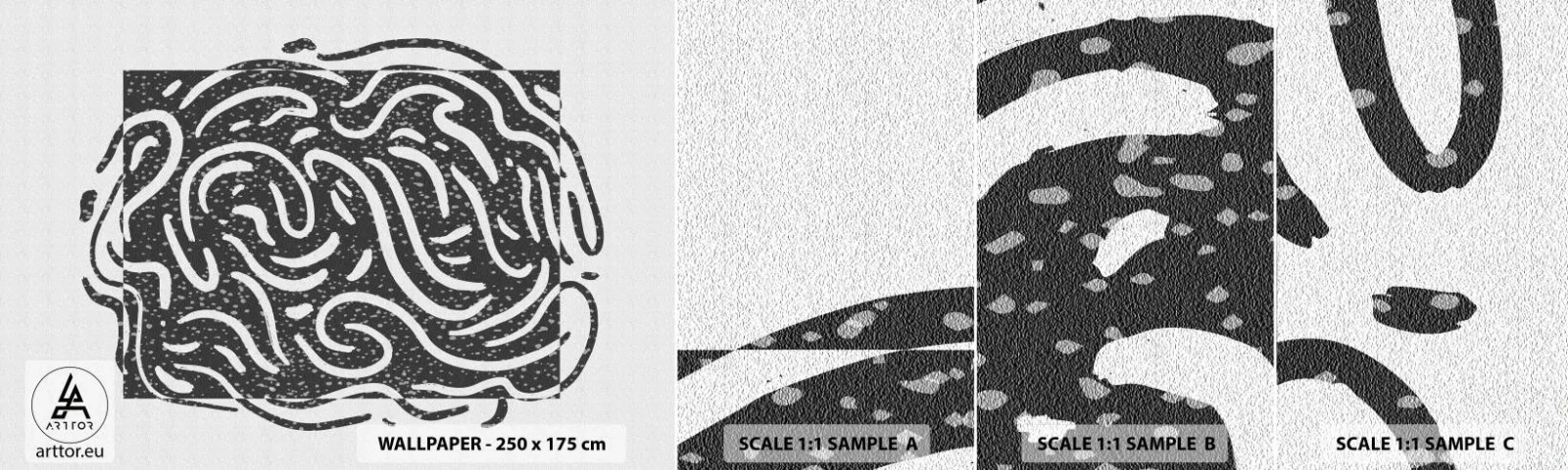 Échantillon De Papier Peint Standard Eco - Abstraction : la danse de la joie - Bohème, Noir et blanc, Minimalisme - 100x30 cm