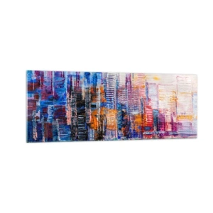 Impression sur verre - Image sur verre - Un panorama coloré de la ville avec des reflets sur l'eau - 140x50cm - Une métropole joyeuse - Décoration murale moderne pour le salon et la chambre ARTTOR