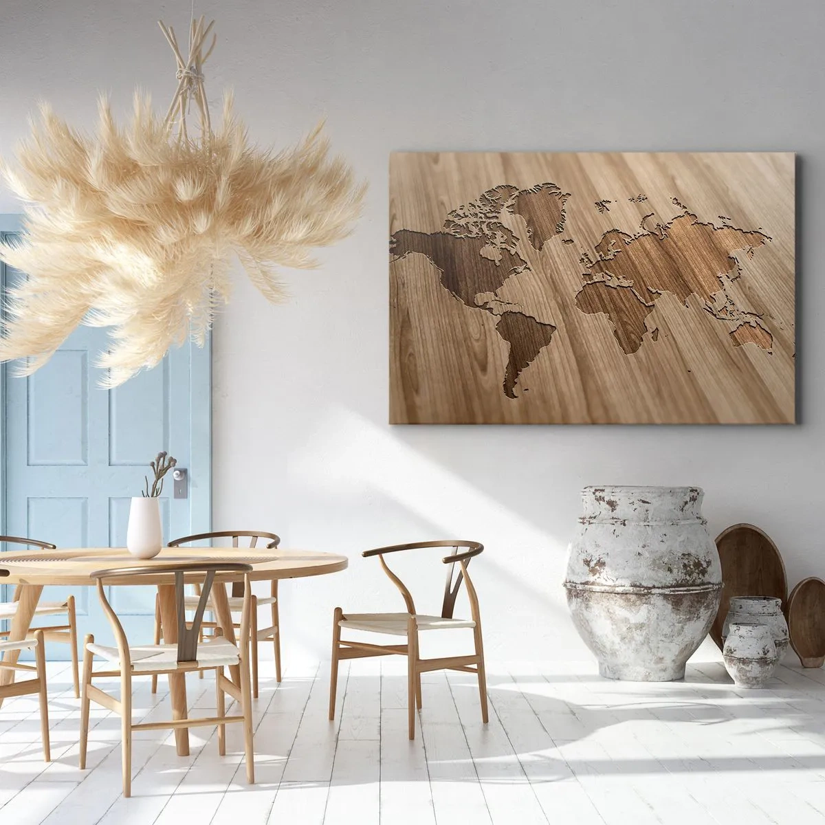 Impression sur toile - Image sur toile - Une carte du monde découpée sur une surface en bois - 120x80cm - Le monde est sur la table - Décoration murale moderne pour le salon et la chambre ARTTOR