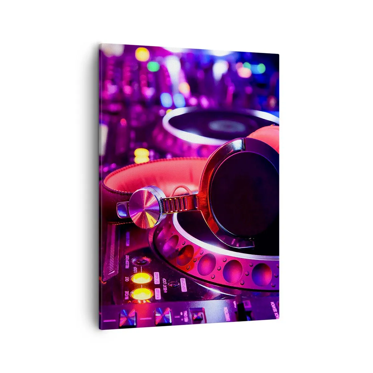 Impression sur toile - Image sur toile - Casque DJ sur une console avec éclairage néon - 50x70cm - Avant que le plaisir ne commence - Décoration murale moderne pour le salon et la chambre ARTTOR