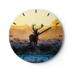 Horloge murale - Pendule murale - Un cerf dans un champ par un matin glacial avec un ciel orange - 30x30cm - Couronné pour sa succession - Décoration murale moderne pour le salon, la cuisine et la chambre ARTTOR