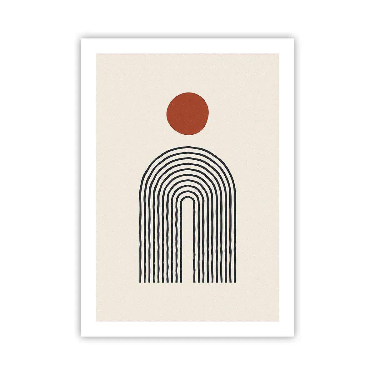 Affiche - Poster - Abstraction géométrique avec un arc linéaire et un cercle rouge. - 50x70cm - Le magnétisme des formes et des couleurs - Décoration murale moderne pour le salon et la chambre ARTTOR
