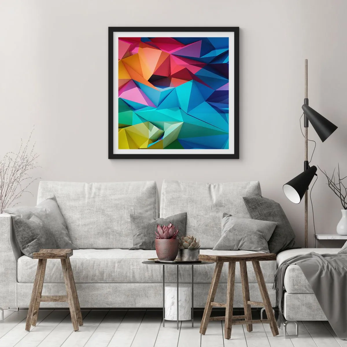 Affiche dans un cadre noir - Poster - Origami arc-en-ciel - 40x40 cm