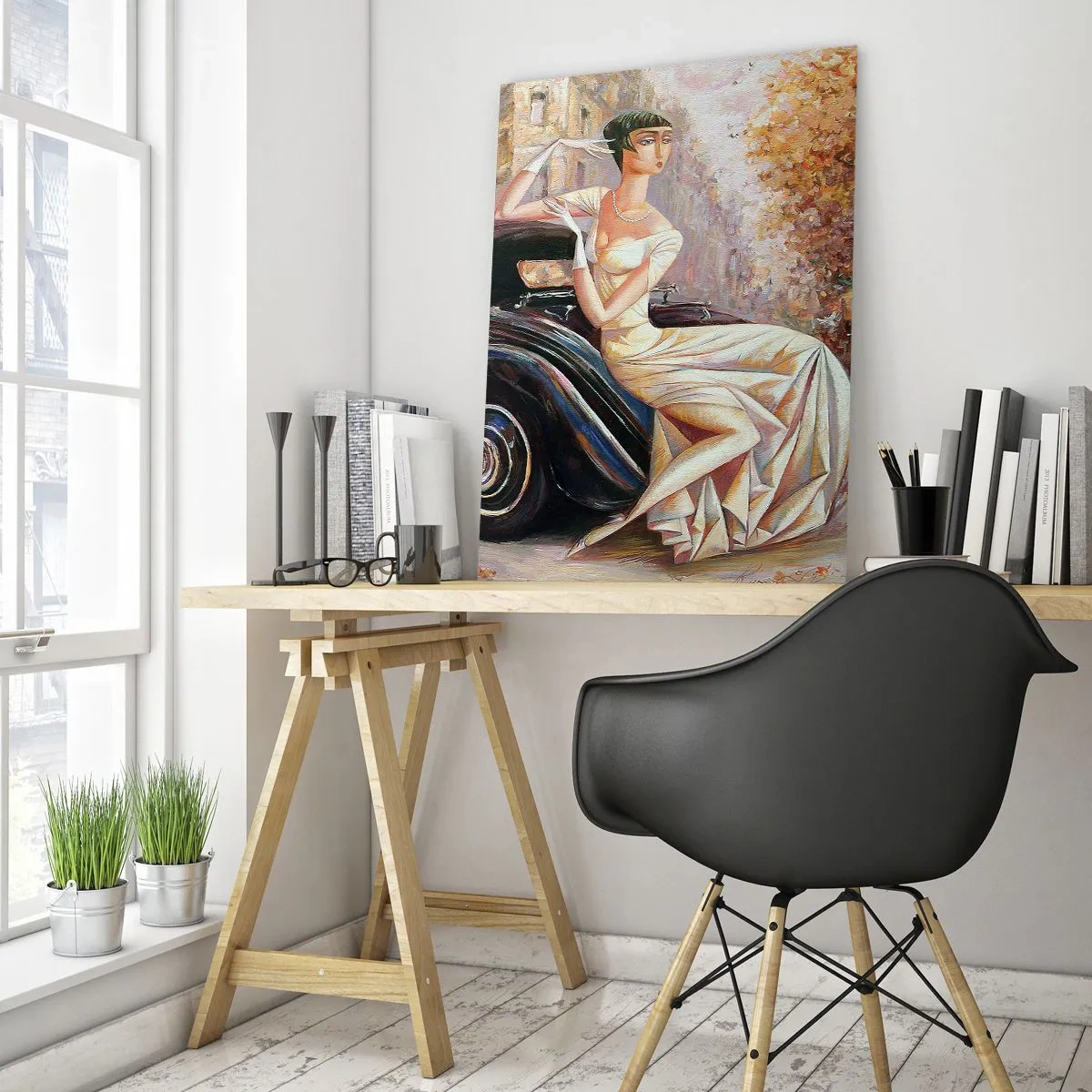 Impression sur verre - Image sur verre - Femme élégante à côté d'une voiture rétro dans un cadre urbain - 50x70cm - L'élégance dans un style rétro - Décoration murale moderne pour le salon et la chambre ARTTOR