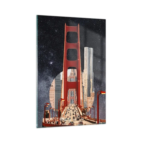 Impression sur verre - Image sur verre - Le Golden Gate Bridge avec la ville en arrière-plan contre un ciel étoilé - 80x120cm - Toujours au centre - Décoration murale moderne pour le salon et la chambre ARTTOR