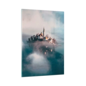 Impression sur verre - Image sur verre - Une île avec une église entourée de brouillard sur un lac calme - 50x70cm - Île de rêve - Décoration murale moderne pour le salon et la chambre ARTTOR