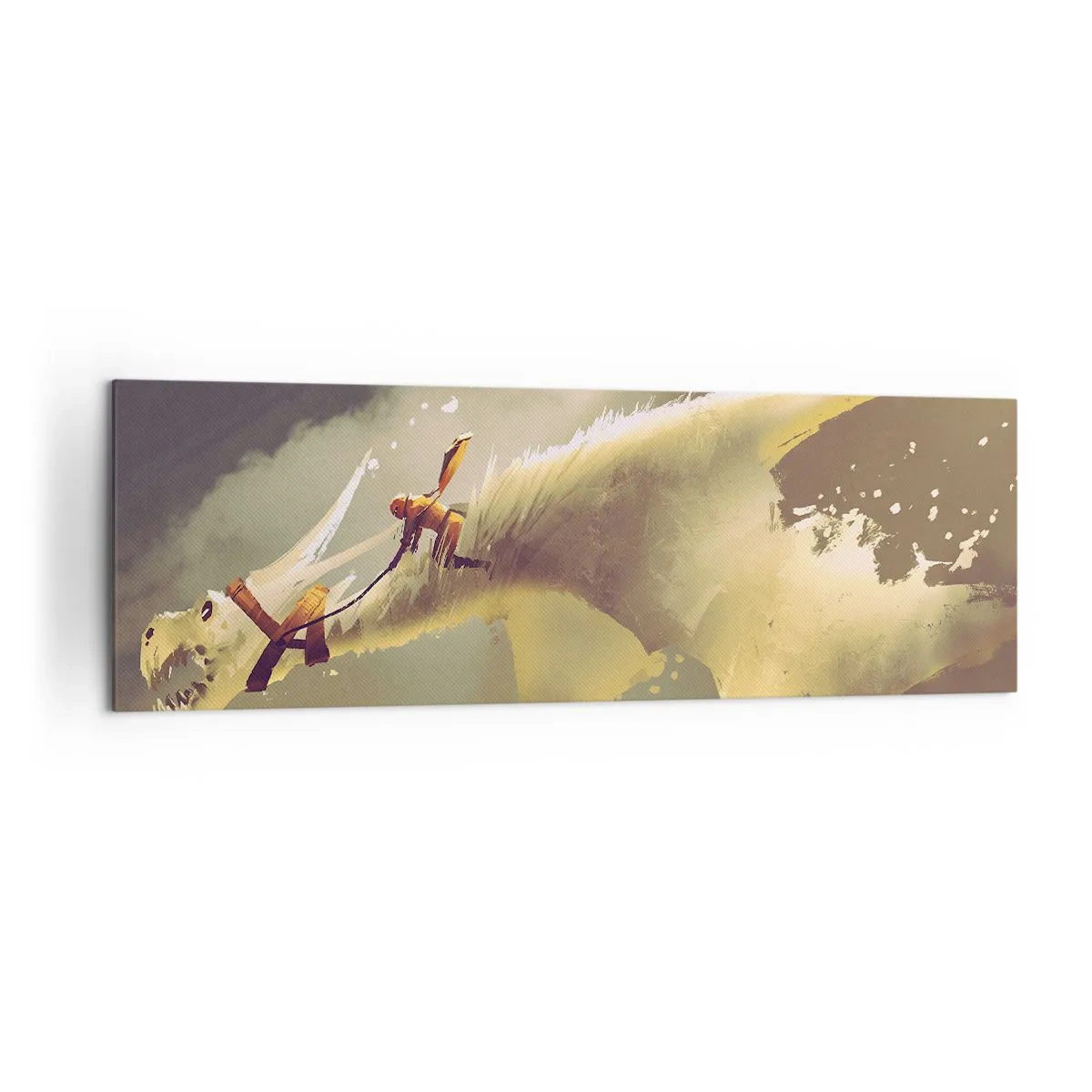 Impression sur toile - Image sur toile - Illustration d'un cavalier de dragon dans un paysage nuageux fantastique - 160x50cm - Le monde à la rescousse - Décoration murale moderne pour le salon et la chambre ARTTOR