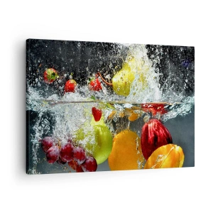 Impression sur toile - Image sur toile - Fruits colorés dans l'eau lors d'une immersion dynamique - 70x50cm - Rafraîchissement fruité - Décoration murale moderne pour le salon et la chambre ARTTOR