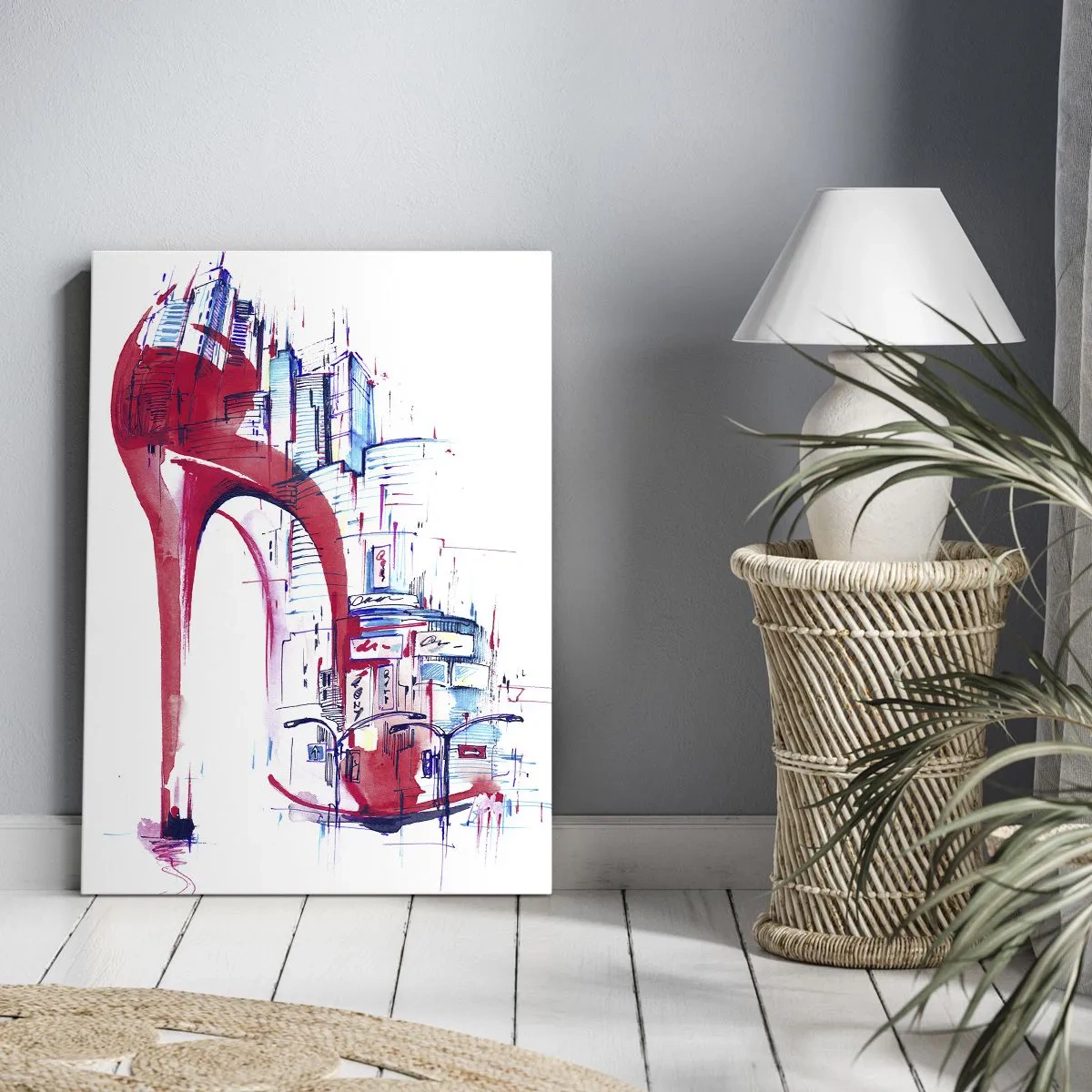 Impression sur toile - Image sur toile - Talon aiguille rouge abstrait avec détails urbains - 50x70cm - L'élégance des grandes villes - Décoration murale moderne pour le salon et la chambre ARTTOR