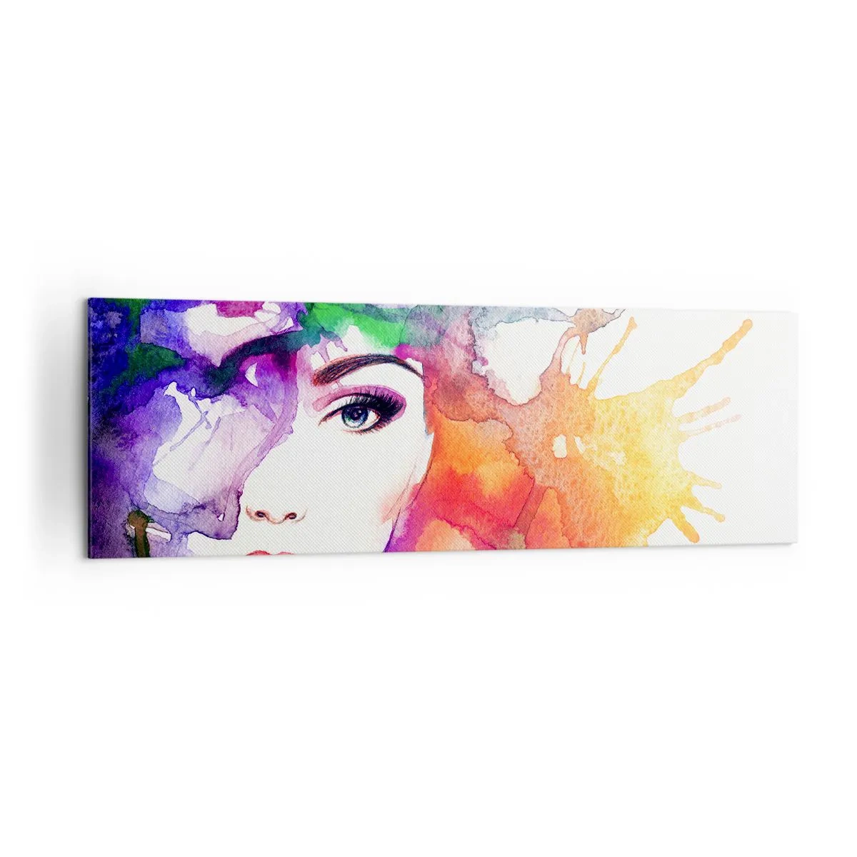 Impression sur toile - Image sur toile - Portrait d'une femme aux couleurs aquarelles avec des taches abstraites - 160x50cm - Avec la tête dans les nuages - Décoration murale moderne pour le salon et la chambre ARTTOR
