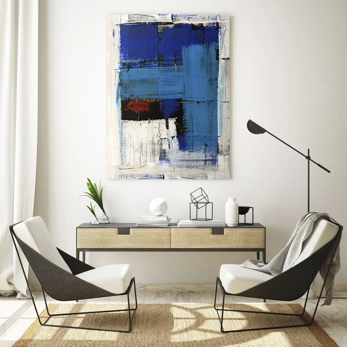 Impression sur verre - Image sur verre - Composition abstraite dans les tons de bleu et de blanc - 80x120cm - Secret de bleu - Décoration murale moderne pour le salon et la chambre ARTTOR