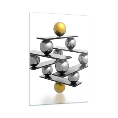Impression sur verre - Image sur verre - Composition géométrique avec des boules et des plateformes sur fond blanc - 50x70cm - Balance d'or et d'argent - Décoration murale moderne pour le salon et la chambre ARTTOR