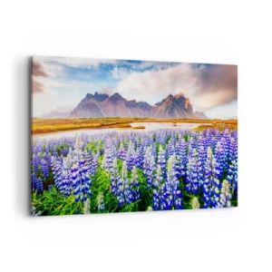 Impression sur toile - Image sur toile - Fleurs dans un paysage de montagne avec un ciel pittoresque - 120x80cm - La force et l'austérité côtoient la douceur - Décoration murale moderne pour le salon et la chambre ARTTOR