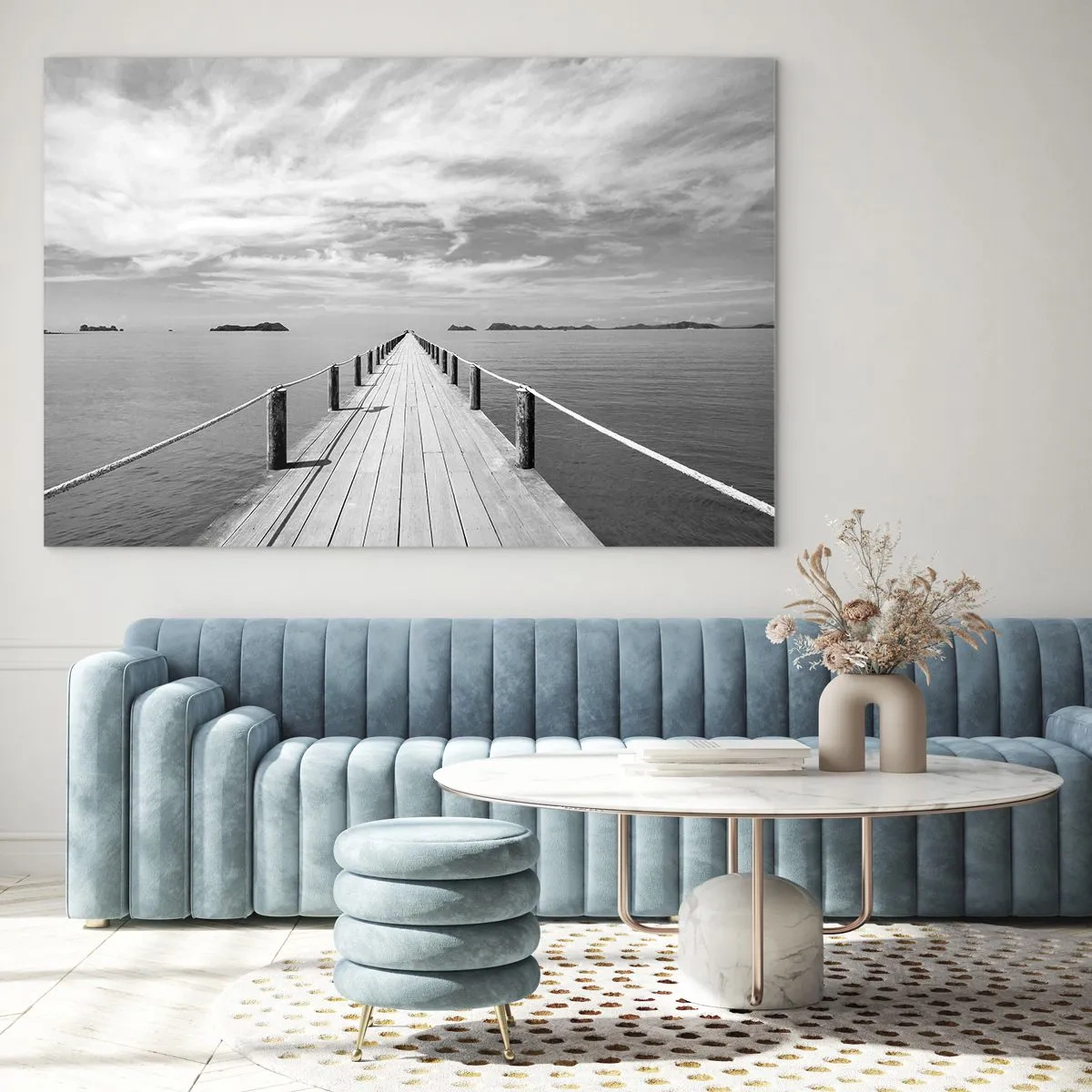 Impression sur verre - Image sur verre - Une jetée en bois menant au loin à travers une mer calme - 120x80cm - Et peut-être un voyage... - Décoration murale moderne pour le salon et la chambre ARTTOR