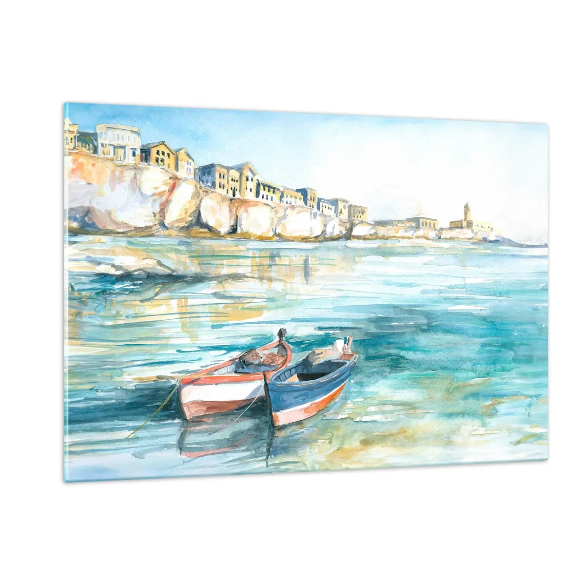 Impression sur verre - Image sur verre - Une baie aigue-marine avec des bateaux et des bâtiments sur la falaise - 120x80cm - Paysage dans l'azur - Décoration murale moderne pour le salon et la chambre ARTTOR