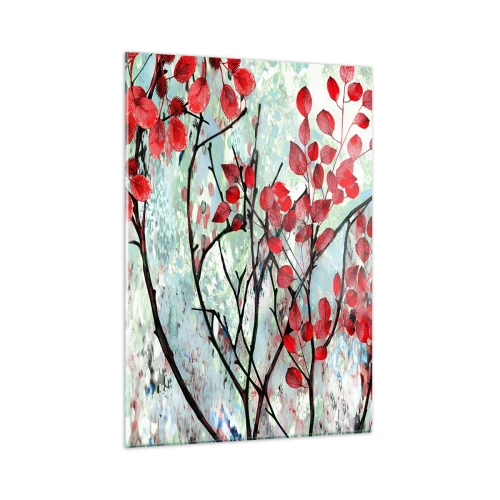 Impression sur verre - Image sur verre - Branches avec des feuilles rouges sur un fond peint - 50x70cm - Arbre en écarlate - Décoration murale moderne pour le salon et la chambre ARTTOR