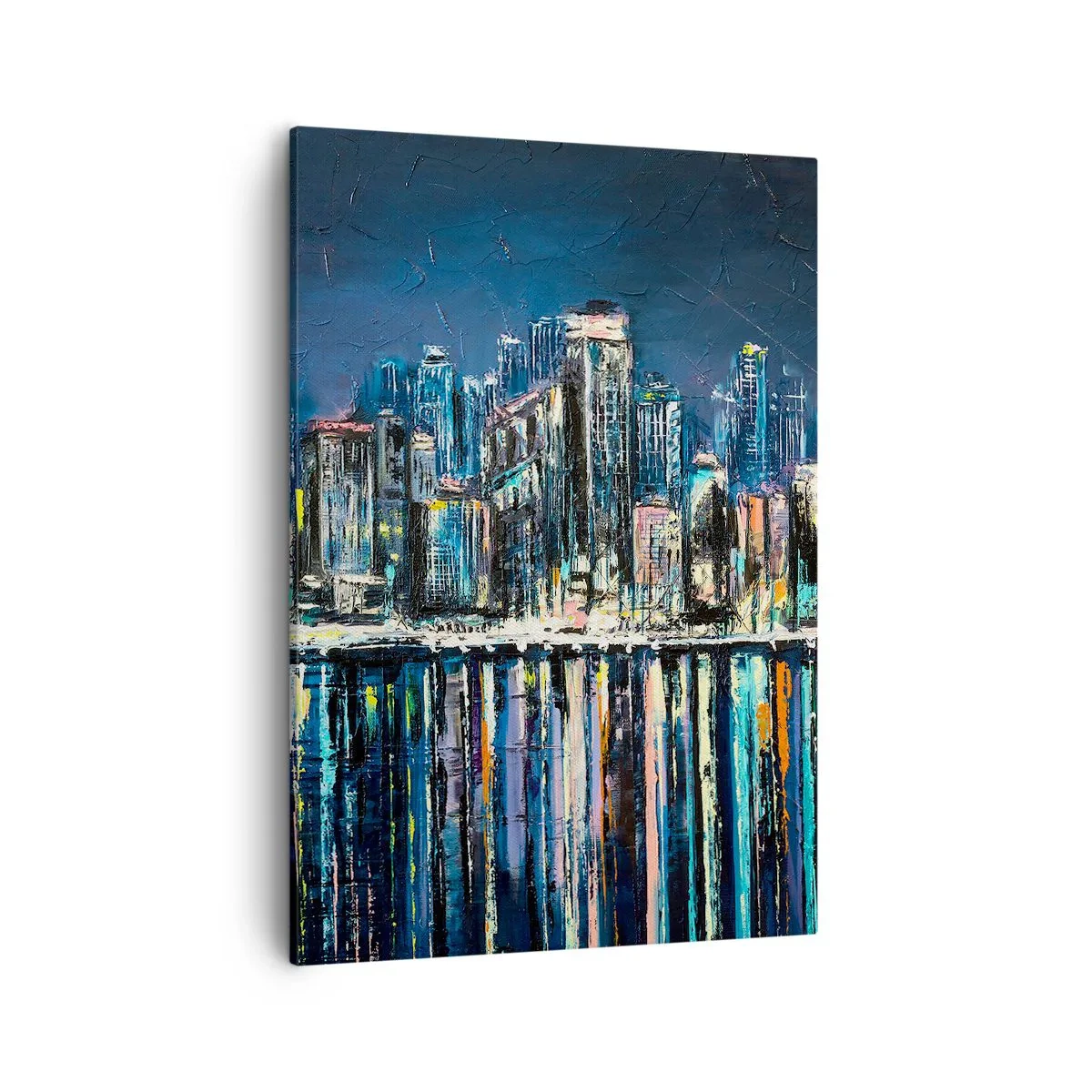 Impression sur toile - Image sur toile - Panorama de la ville nocturne reflétée dans l'eau - 50x70cm - Cascade de lumières - Décoration murale moderne pour le salon et la chambre ARTTOR