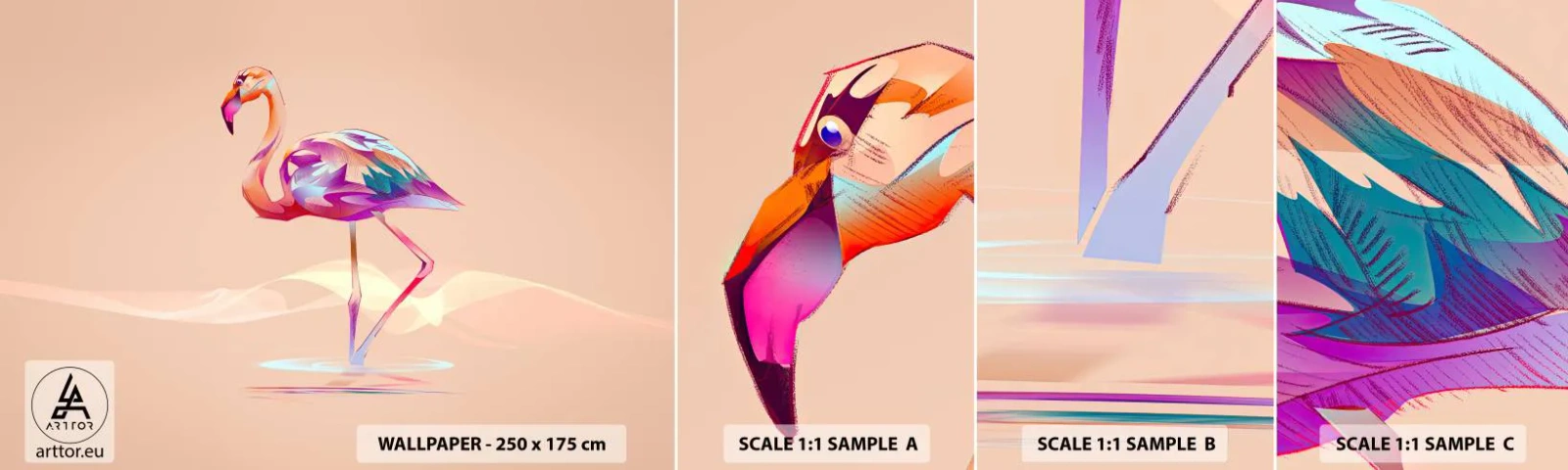 Échantillon de Papier Peint Autocollant Deluxe Sticker - L'oiseau des bonnes émotions - Flamant, Oiseau, Abstraction - 100x30 cm