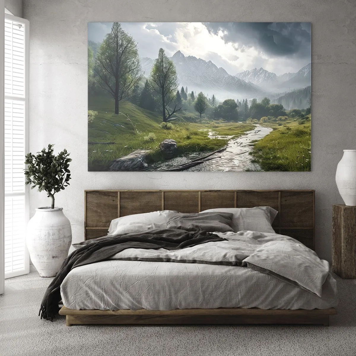 Impression sur verre - Image sur verre - Un paysage de montagne avec un ruisseau et une vallée verdoyante le matin - 120x80cm - Aller et retour - Décoration murale moderne pour le salon et la chambre ARTTOR
