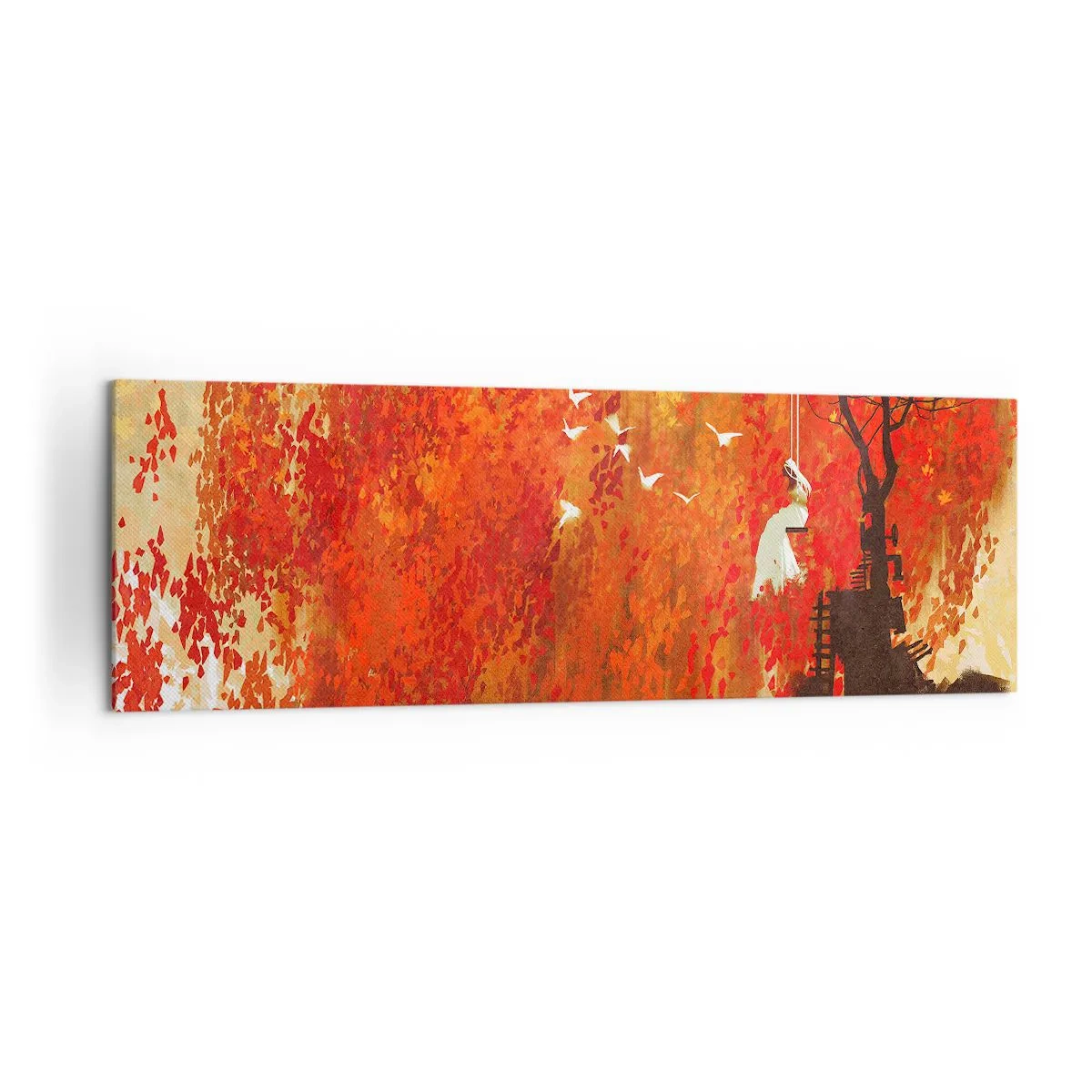 Impression sur toile - Image sur toile - Une silhouette sur une balançoire près d'un arbre entouré de feuilles rouges - 160x50cm - S'envolera-t-il avec eux ? - Décoration murale moderne pour le salon et la chambre ARTTOR