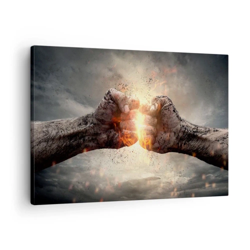 Impression sur toile - Image sur toile - Poings serrés dans une scène d'incendie dynamique - 70x50cm - Lève-toi pour le combat - Décoration murale moderne pour le salon et la chambre ARTTOR