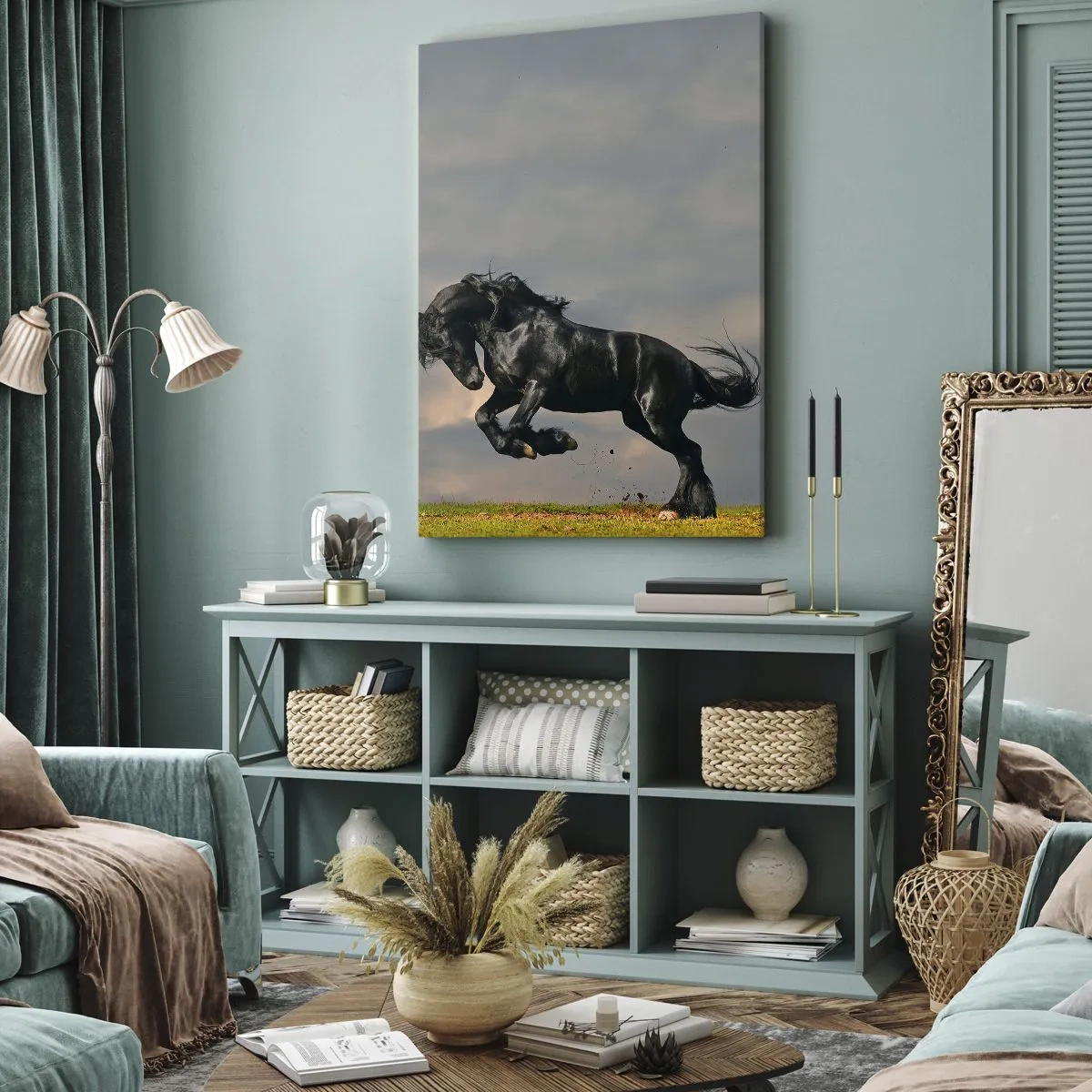 Impression sur toile - Image sur toile - Un cheval noir dans un saut dynamique contre le ciel - 70x100cm - Beau et libre - Décoration murale moderne pour le salon et la chambre ARTTOR